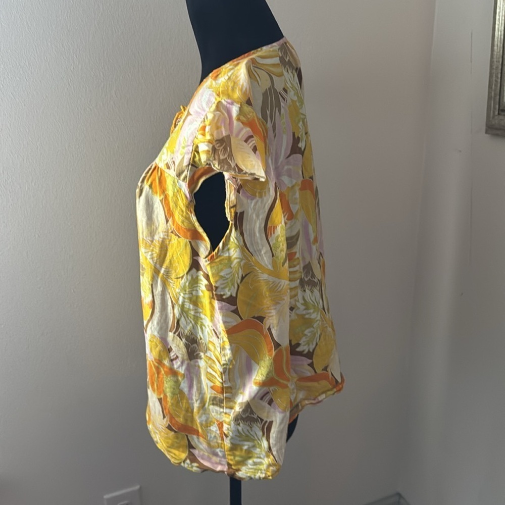 Linen‎ Blend by Hester & Orchard floral print yellow hues split collar top Sz XL - Picture 2 of 7